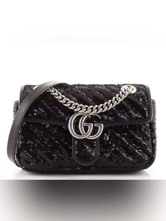 Gucci Handbags - Gucci Black Sequin Shoulder Bag with Silver Double G Chain